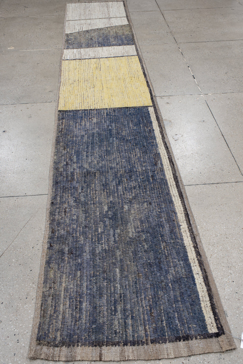2' x 13' one-of-a-kind handmade vintage Tulu runner rug. Color palette: ivory, charcoal, slate, gold, taupe, gray, black