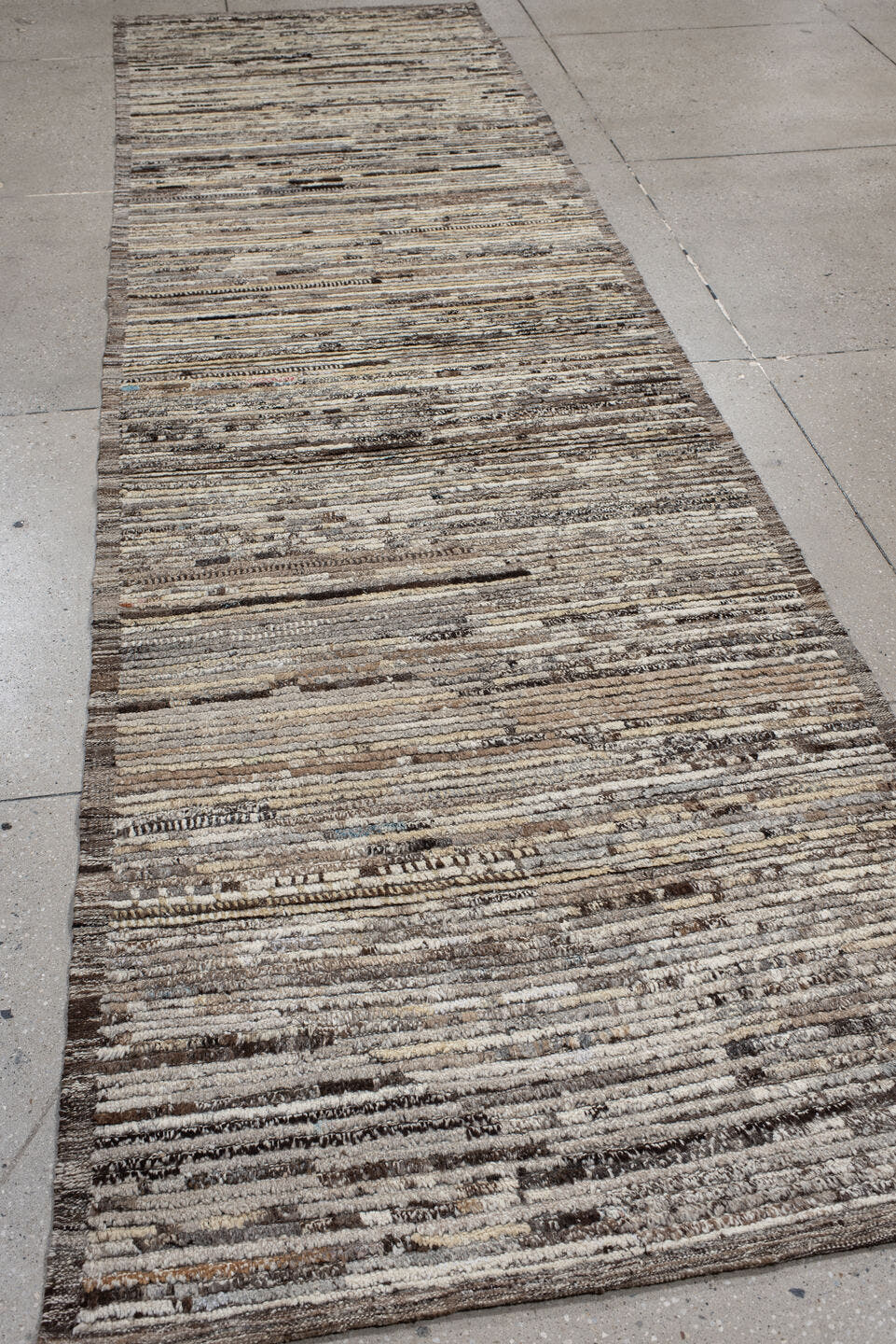 3' x 12' one-of-a-kind handmade vintage Tulu runner rug. Color palette: ivory, taupe, brown, charcoal, gray, beige, black