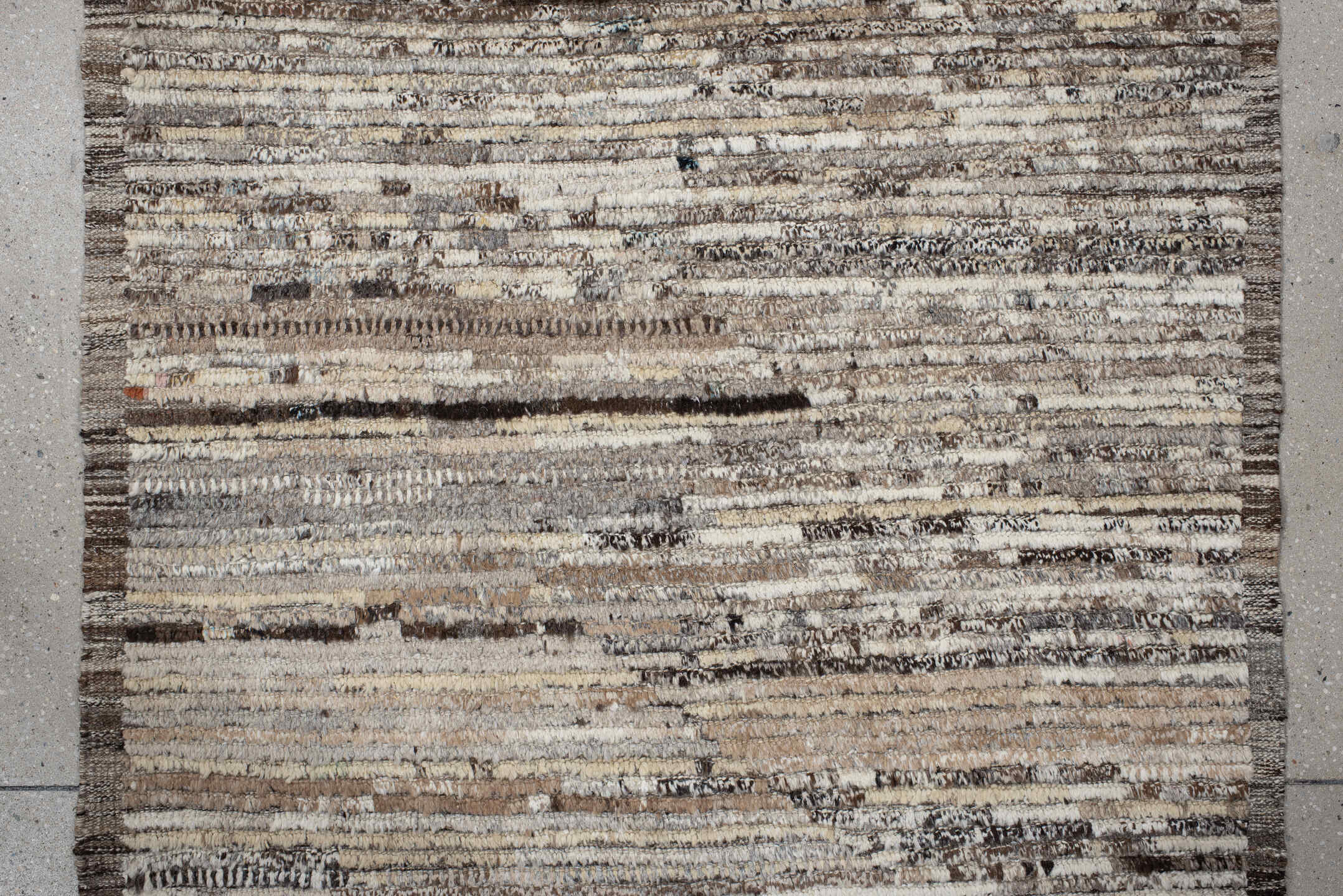 3' x 12' one-of-a-kind handmade vintage Tulu runner rug. Color palette: ivory, taupe, brown, charcoal, gray, beige, black