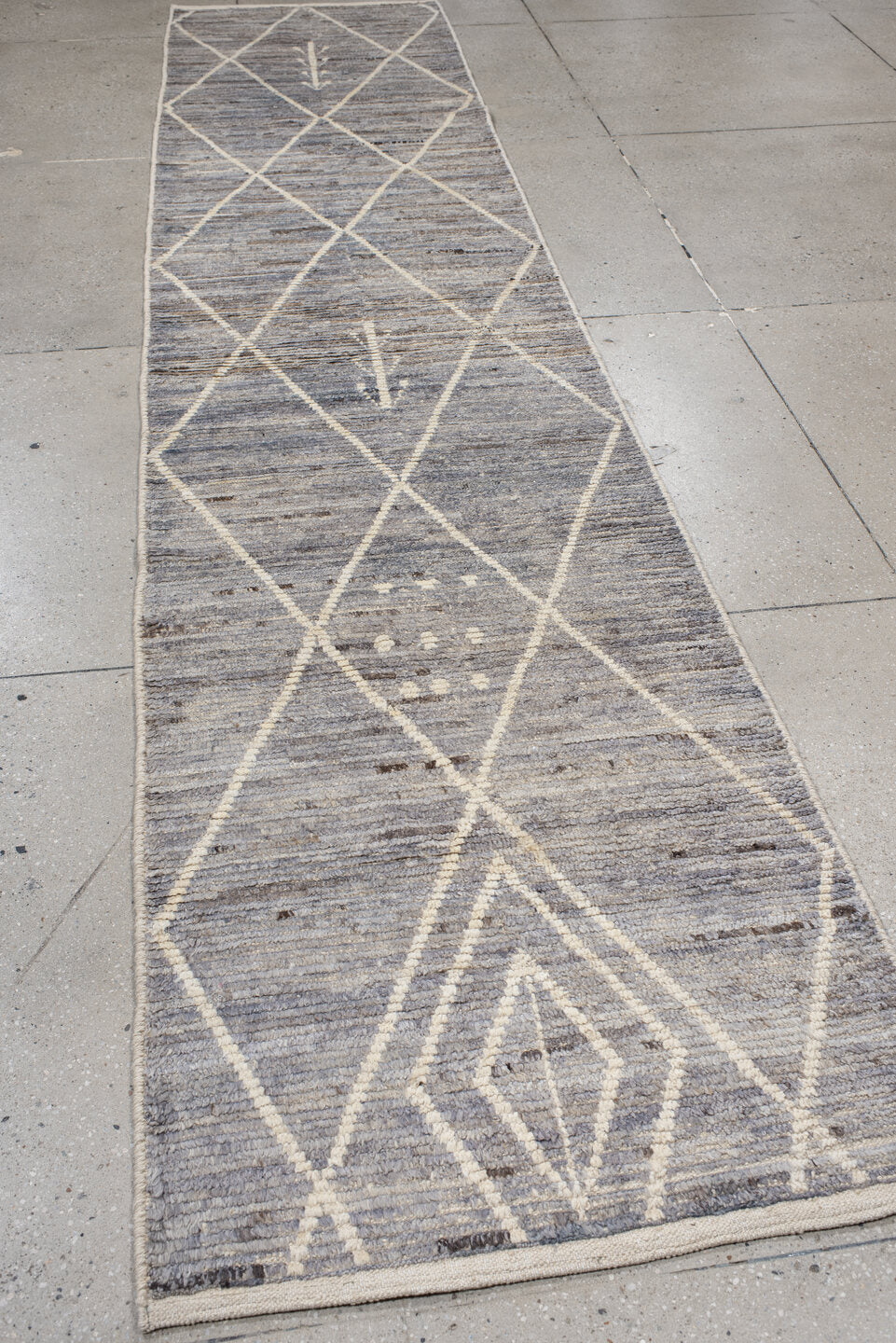 2' x 13' one-of-a-kind handmade vintage Tulu runner rug. Color palette: gray, ivory, taupe, charcoal, beige, black