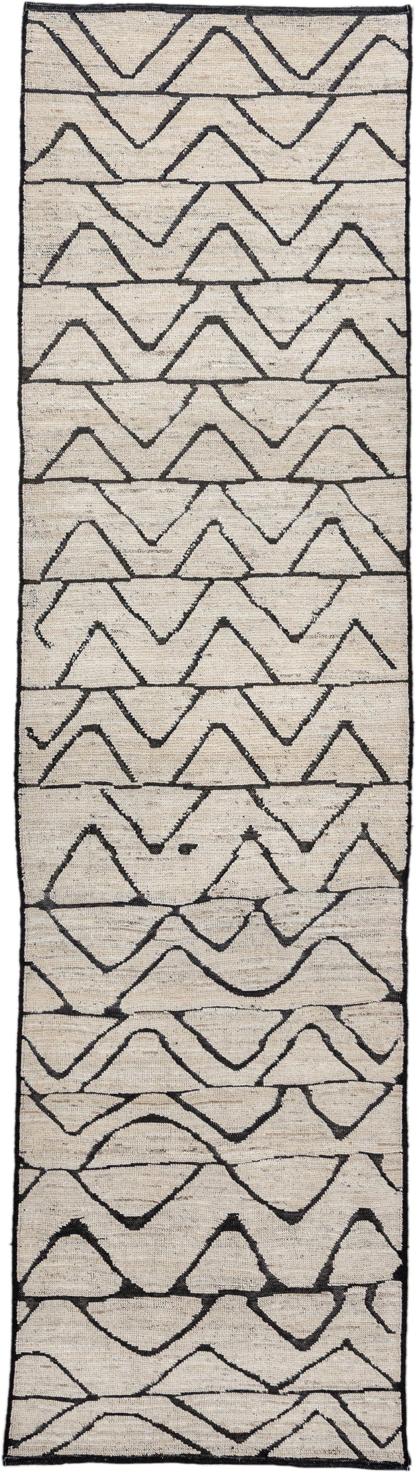 2' x 10' one-of-a-kind handmade vintage Tulu runner rug. Color palette: ivory, charcoal, taupe, gray, black, beige
