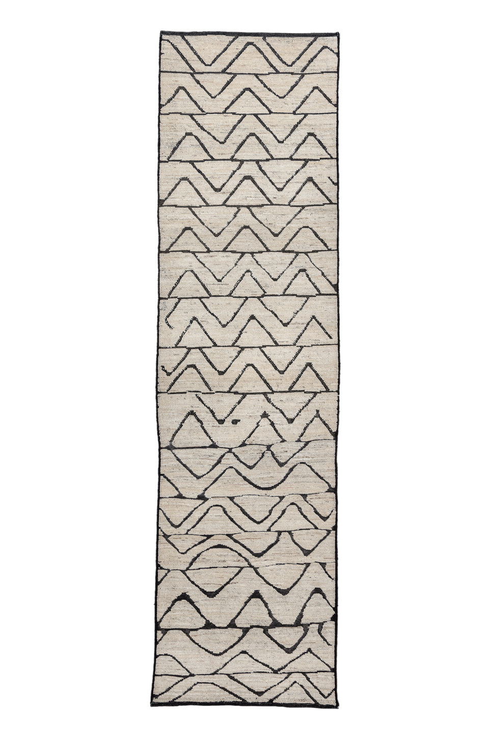 2' x 10' one-of-a-kind handmade vintage Tulu runner rug. Color palette: gray, light gray, off-white, black, pink, dim gray