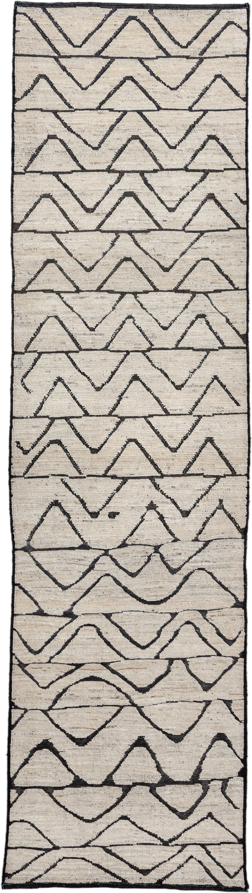 2' x 10' one-of-a-kind handmade vintage Tulu runner rug. Color palette: ivory, charcoal, taupe, gray, black, beige
