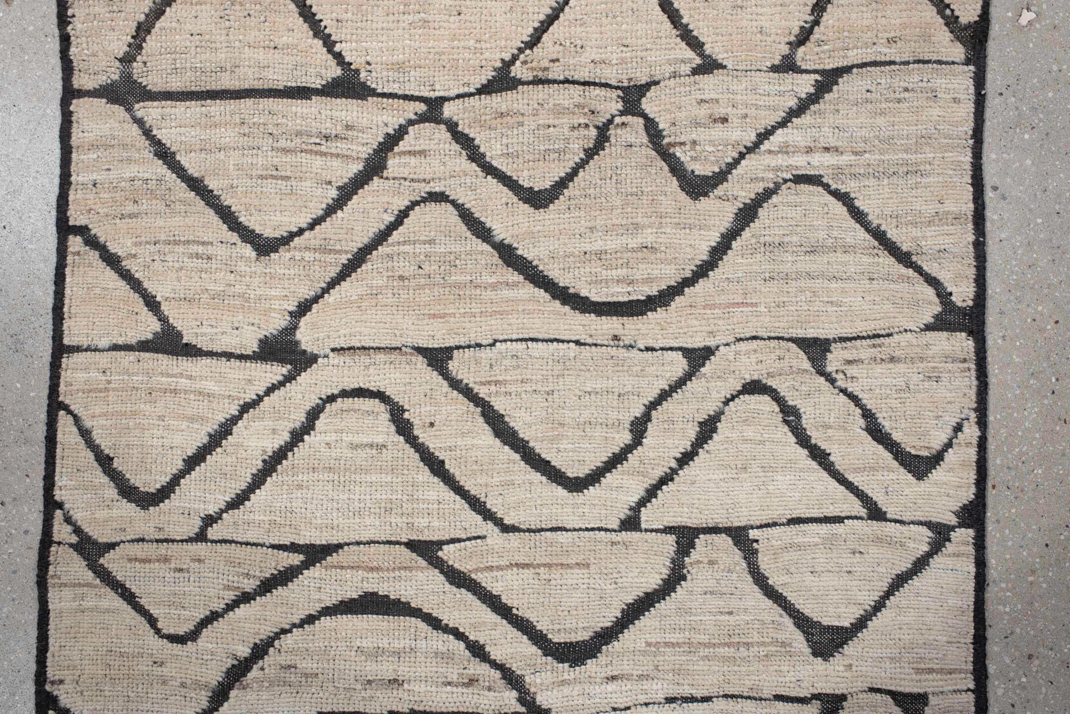 2' x 10' one-of-a-kind handmade vintage Tulu runner rug. Color palette: ivory, charcoal, taupe, gray, black, beige