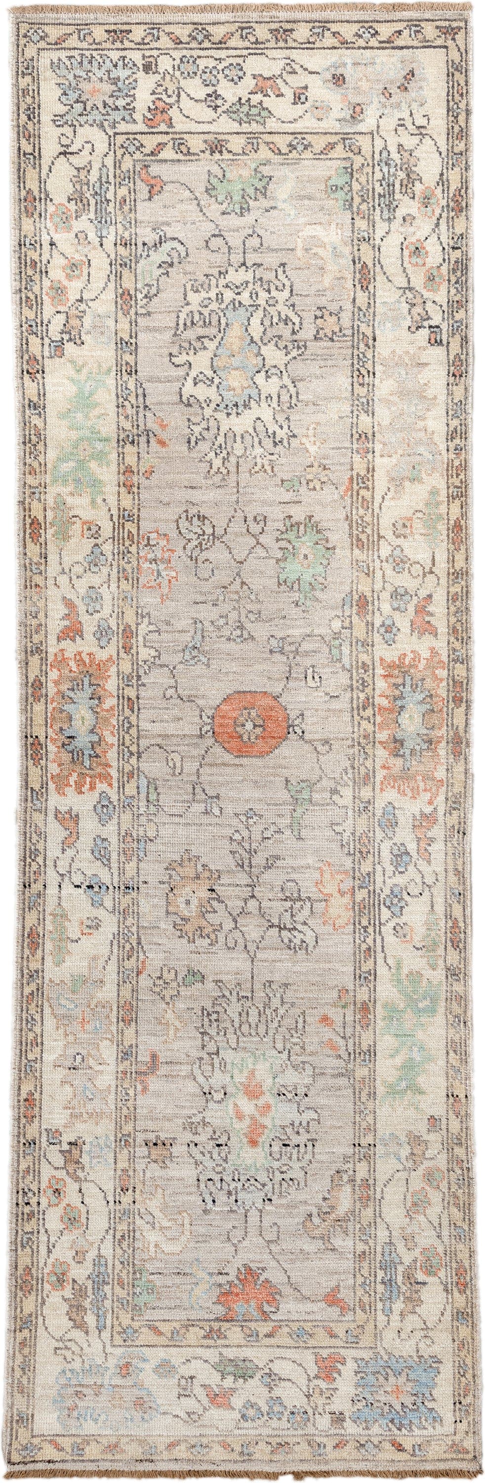 3' x 9' one-of-a-kind handmade vintage Oushak runner rug. Color palette: ivory, taupe, pale_blue, sage, coral, charcoal
