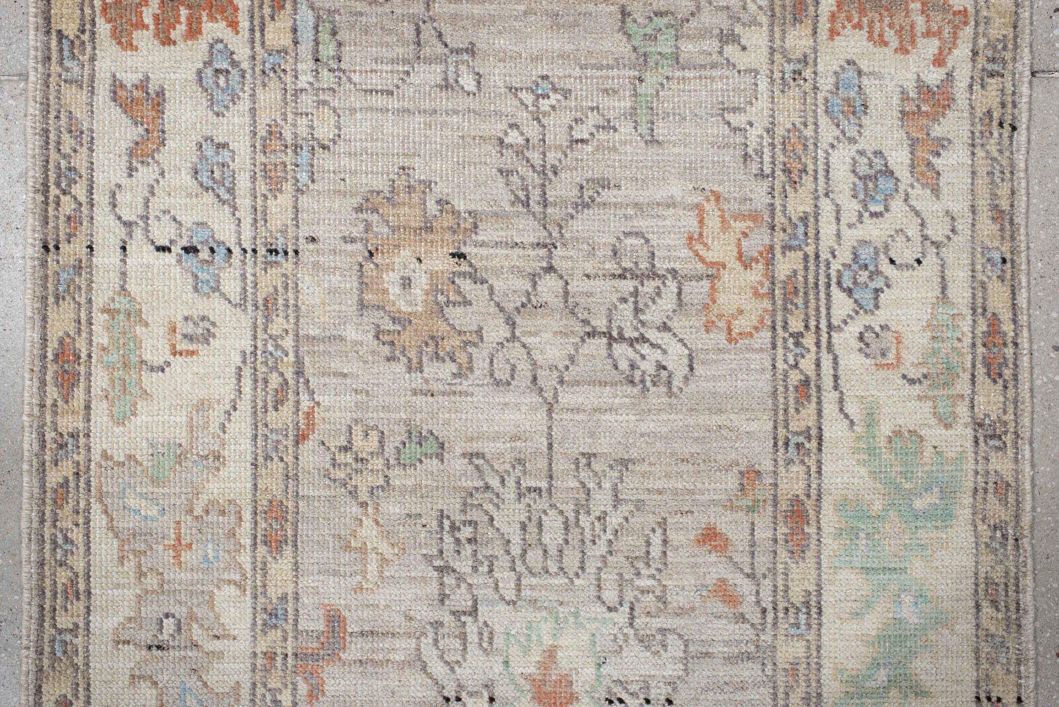 3' x 9' one-of-a-kind handmade vintage Oushak runner rug. Color palette: ivory, taupe, pale_blue, sage, coral, charcoal