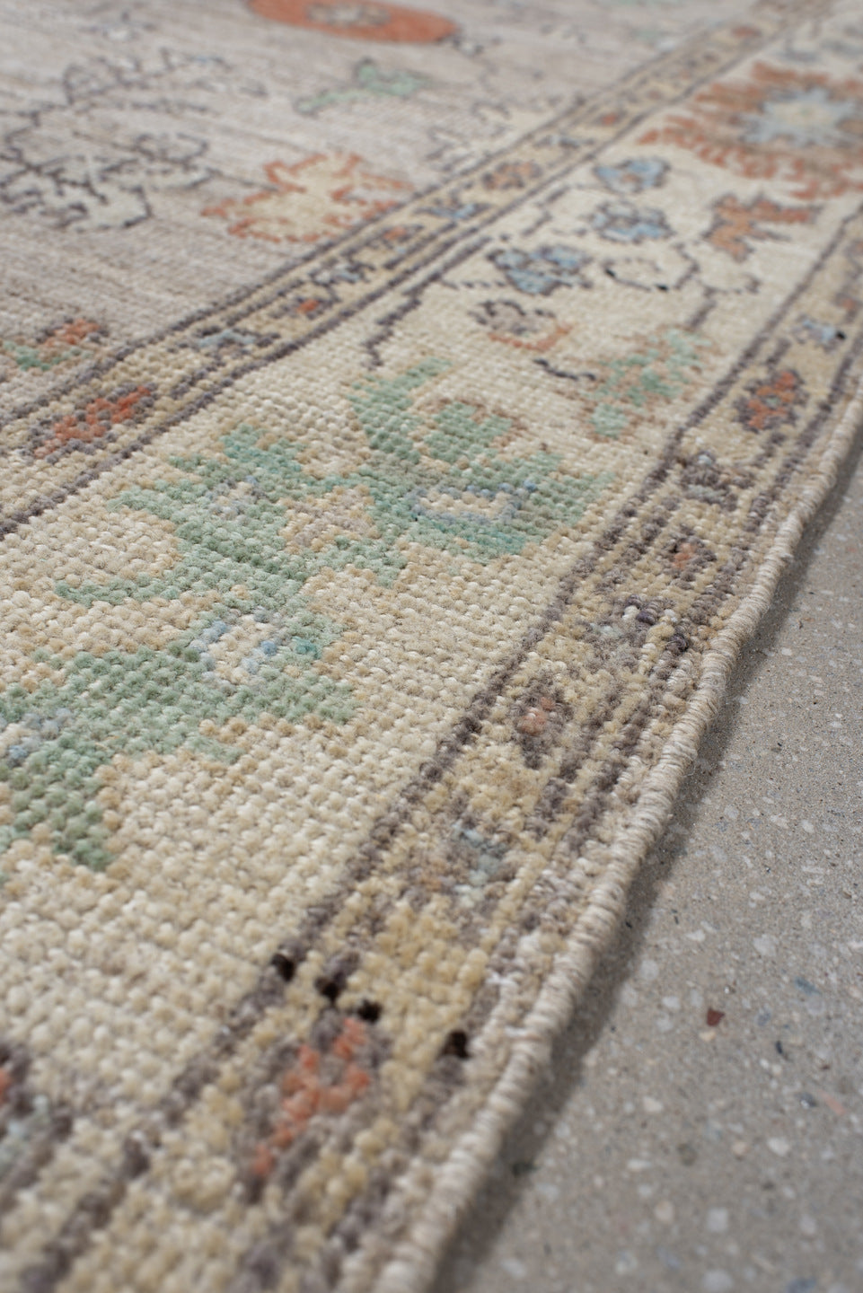 3' x 9' one-of-a-kind handmade vintage Oushak runner rug. Color palette: ivory, taupe, pale_blue, sage, coral, charcoal