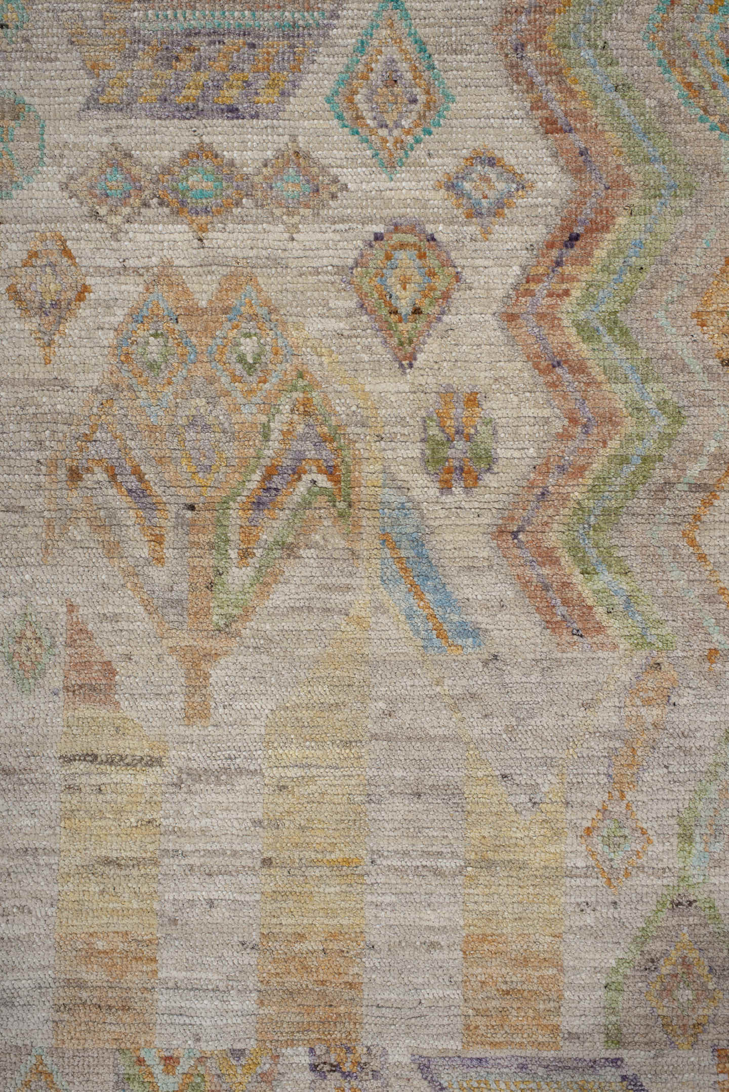 3' x 9' one-of-a-kind handmade vintage Kilim runner rug. Color palette: ivory, beige, saffron, aqua, sage, peach, lavender