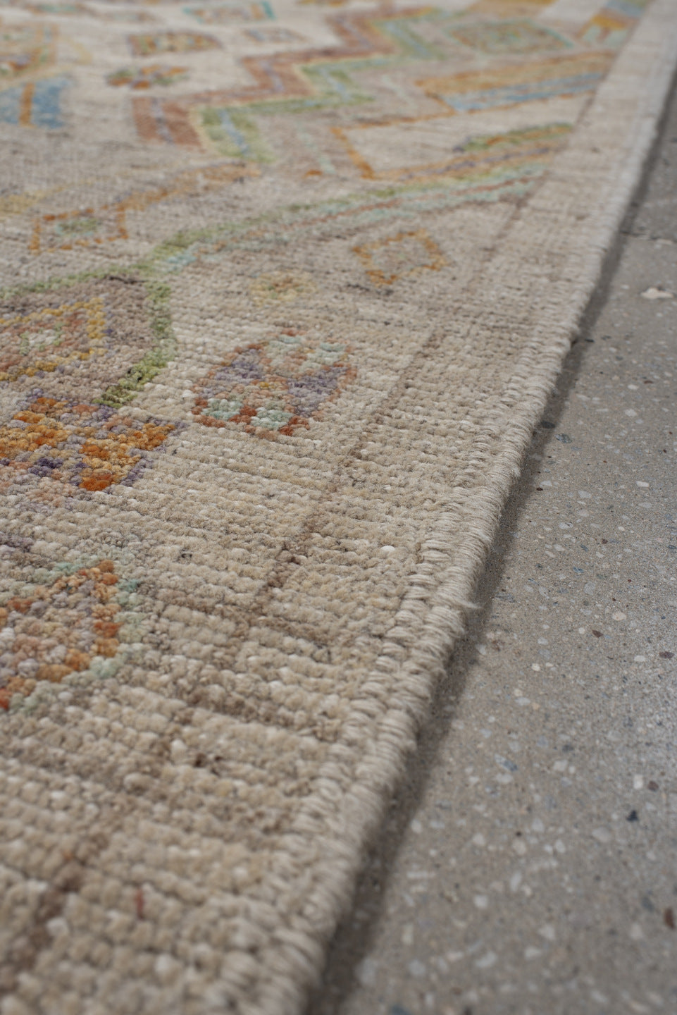 3' x 9' one-of-a-kind handmade vintage Kilim runner rug. Color palette: antiquewhite, blanched almond, blue, brown