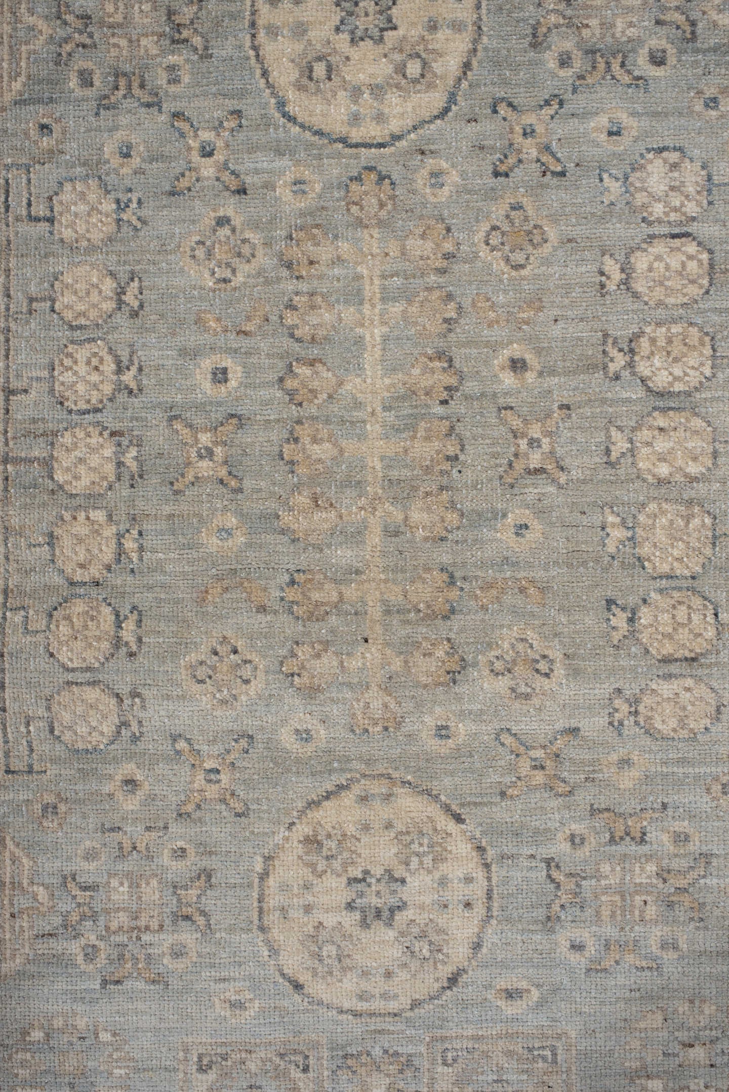 2' x 9' one-of-a-kind handmade vintage Khotan runner rug. Color palette: pale blue, ivory, taupe, beige, camel, slate