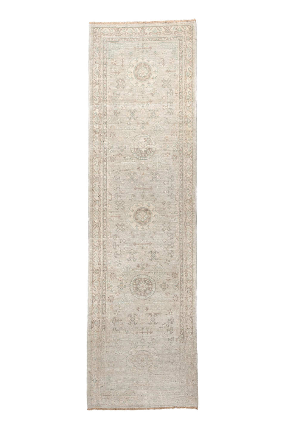 2' x 9' one-of-a-kind handmade vintage Oushak runner rug. Color palette: brown, gray, light gray, off-white, pink