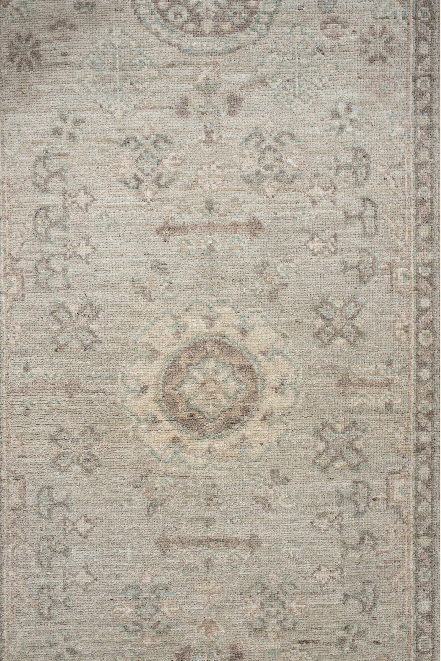 2' x 9' one-of-a-kind handmade vintage Oushak runner rug. Color palette: ivory, cream, taupe, pale aqua, beige, sand, gray