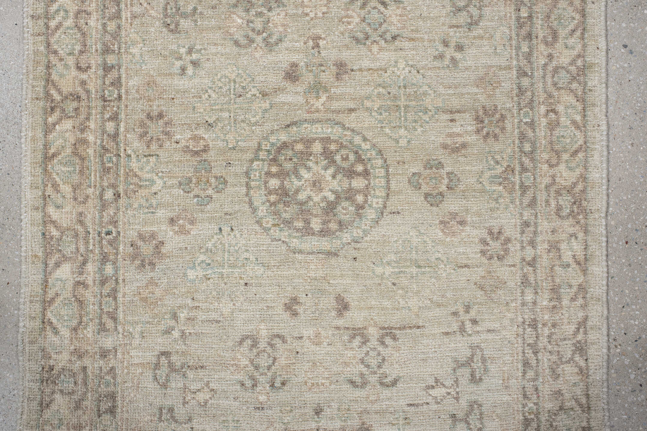 2' x 9' one-of-a-kind handmade vintage Oushak runner rug. Color palette: ivory, cream, taupe, pale aqua, beige, sand, gray