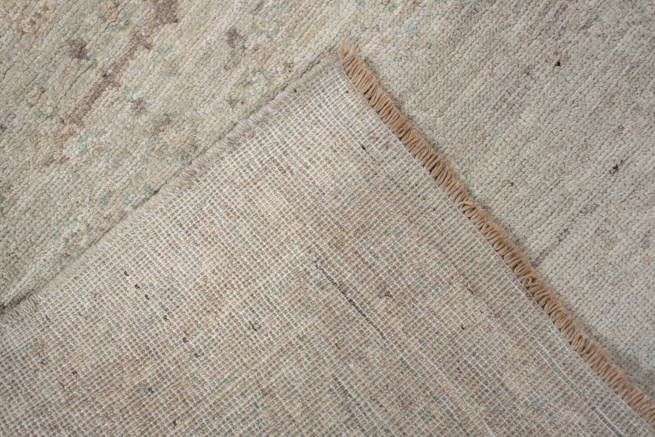 2' x 9' one-of-a-kind handmade vintage Oushak runner rug. Color palette: ivory, cream, taupe, pale aqua, beige, sand, gray