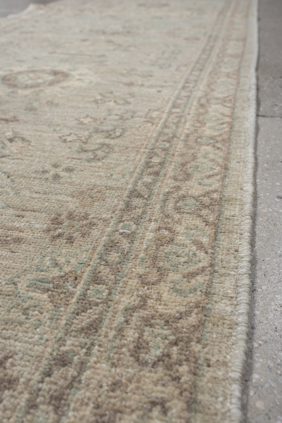 2' x 9' one-of-a-kind handmade vintage Oushak runner rug. Color palette: ivory, cream, taupe, pale aqua, beige, sand, gray