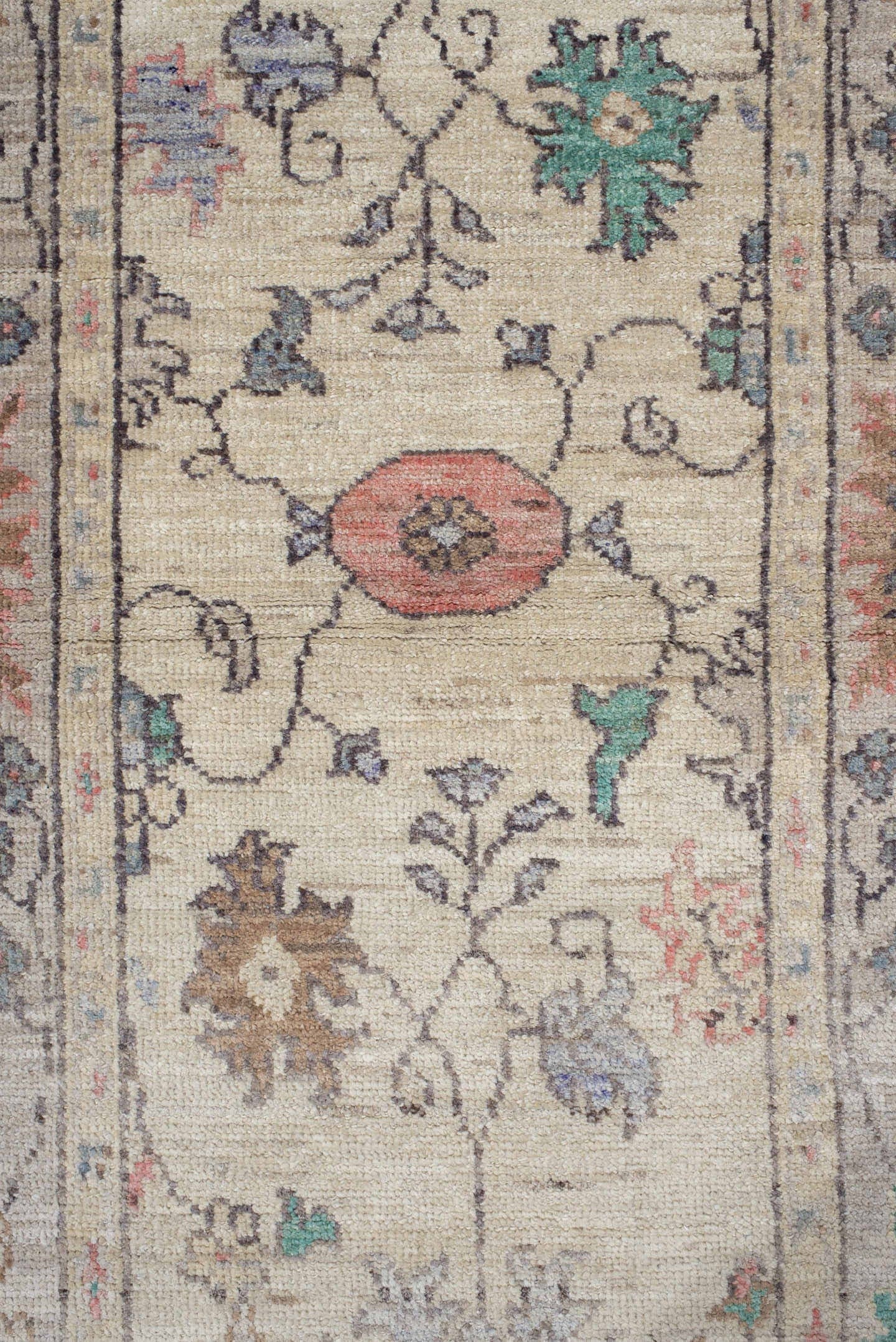 2' x 9' one-of-a-kind handmade vintage Oushak runner rug. Color palette: ivory, beige, aqua, slate, blush, sand, taupe