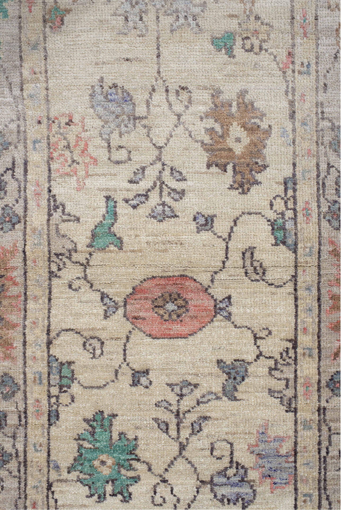 2' x 9' one-of-a-kind handmade vintage Oushak runner rug. Color palette: ivory, beige, aqua, slate, blush, sand, taupe