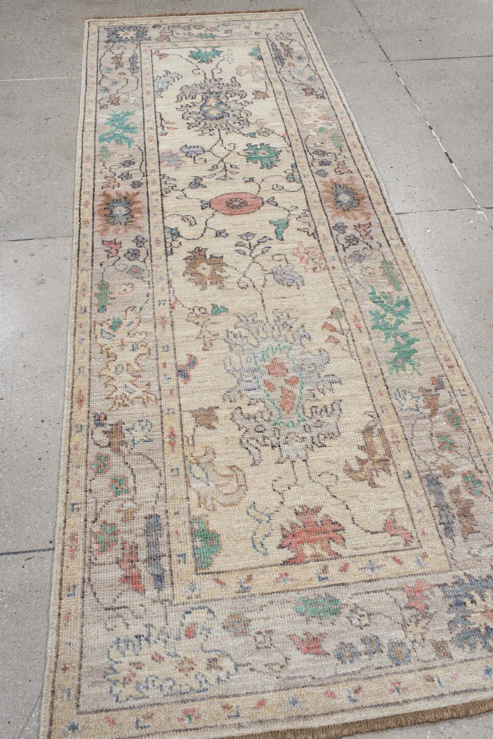 2' x 9' one-of-a-kind handmade vintage Oushak runner rug. Color palette: antiquewhite, blue, brown, gray, light blue