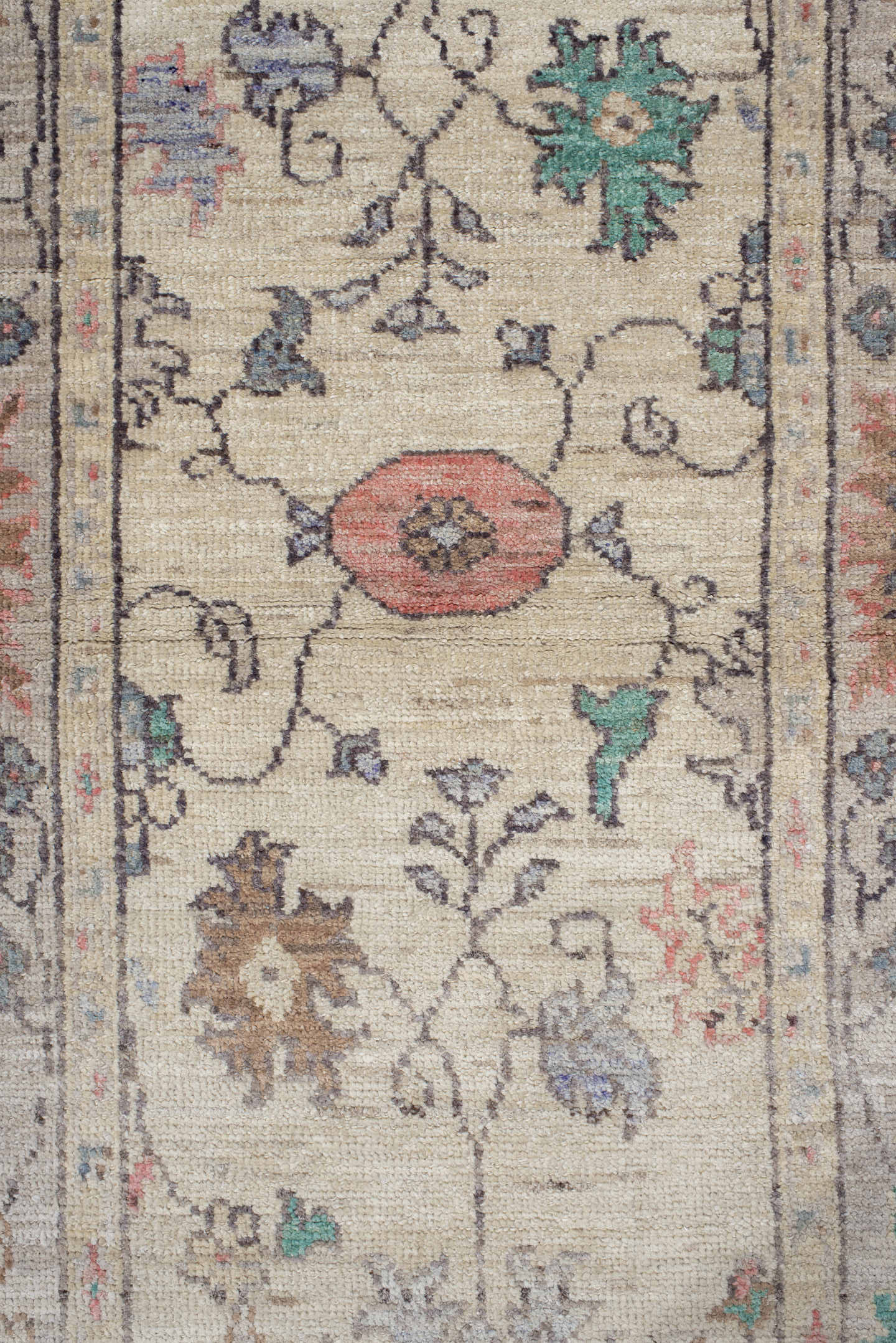 2' x 9' one-of-a-kind handmade vintage Oushak runner rug. Color palette: ivory, beige, aqua, slate, blush, sand, taupe
