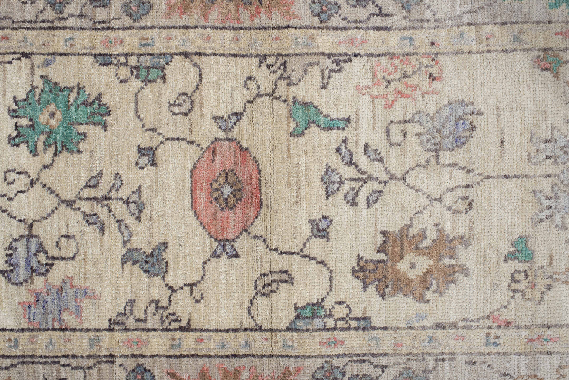 2' x 9' one-of-a-kind handmade vintage Oushak runner rug. Color palette: antiquewhite, blue, brown, gray, light blue