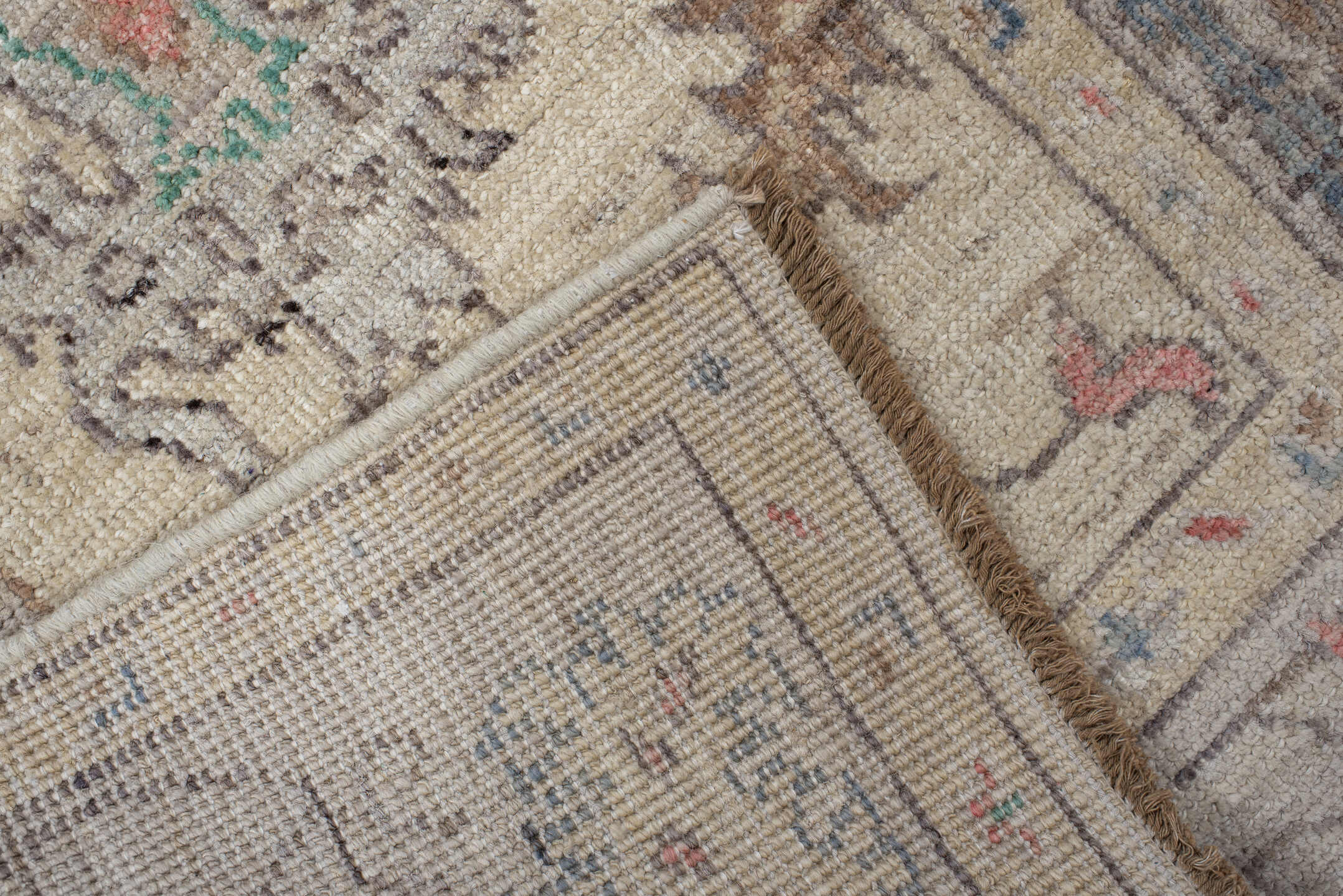 2' x 9' one-of-a-kind handmade vintage Oushak runner rug. Color palette: ivory, beige, aqua, slate, blush, sand, taupe