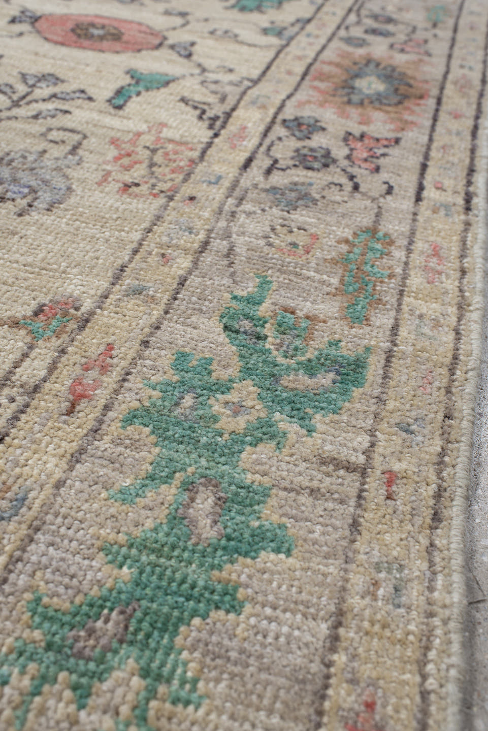 2' x 9' one-of-a-kind handmade vintage Oushak runner rug. Color palette: ivory, beige, aqua, slate, blush, sand, taupe