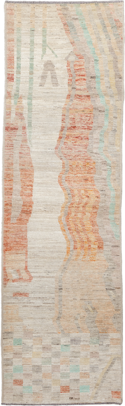 3' x 9' one-of-a-kind handmade vintage Kilim runner rug. Color palette: ivory, taupe, peach, aqua, sand, gray, beige