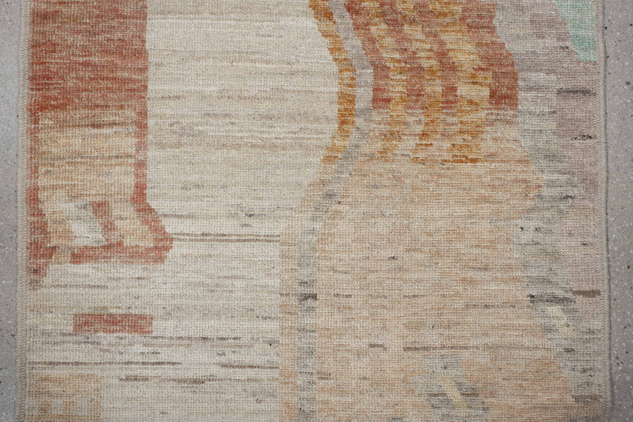 3' x 9' one-of-a-kind handmade vintage Kilim runner rug. Color palette: ivory, taupe, peach, aqua, sand, gray, beige