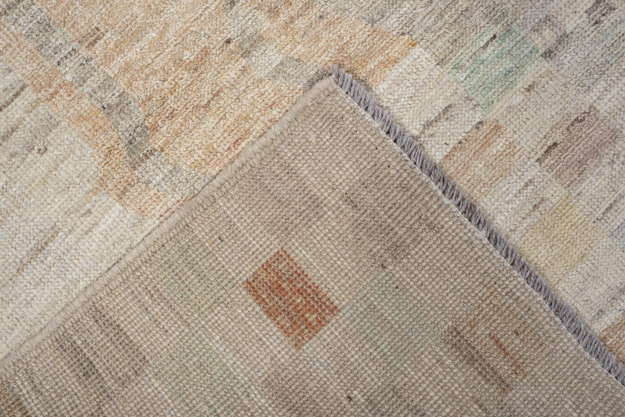 3' x 9' one-of-a-kind handmade vintage Kilim runner rug. Color palette: ivory, taupe, peach, aqua, sand, gray, beige