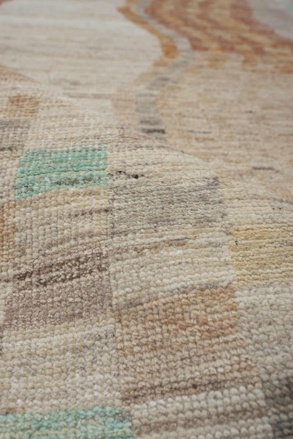 3' x 9' one-of-a-kind handmade vintage Kilim runner rug. Color palette: ivory, taupe, peach, aqua, sand, gray, beige