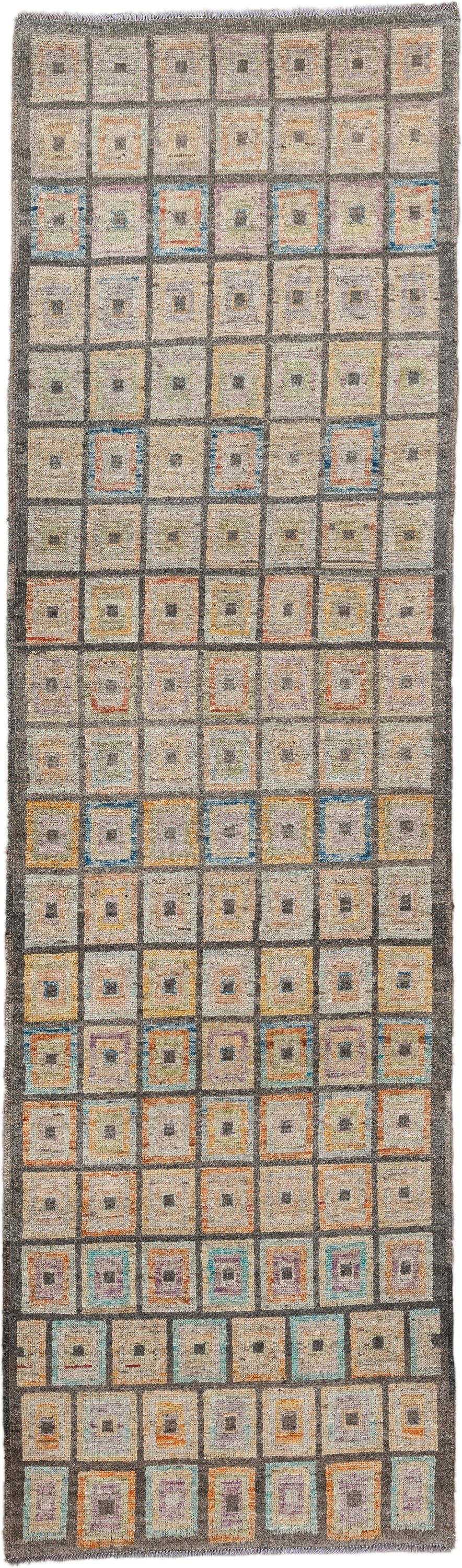 2' x 9' one-of-a-kind handmade vintage Kilim runner rug. Color palette: ivory, charcoal, taupe, sky blue, saffron, coral