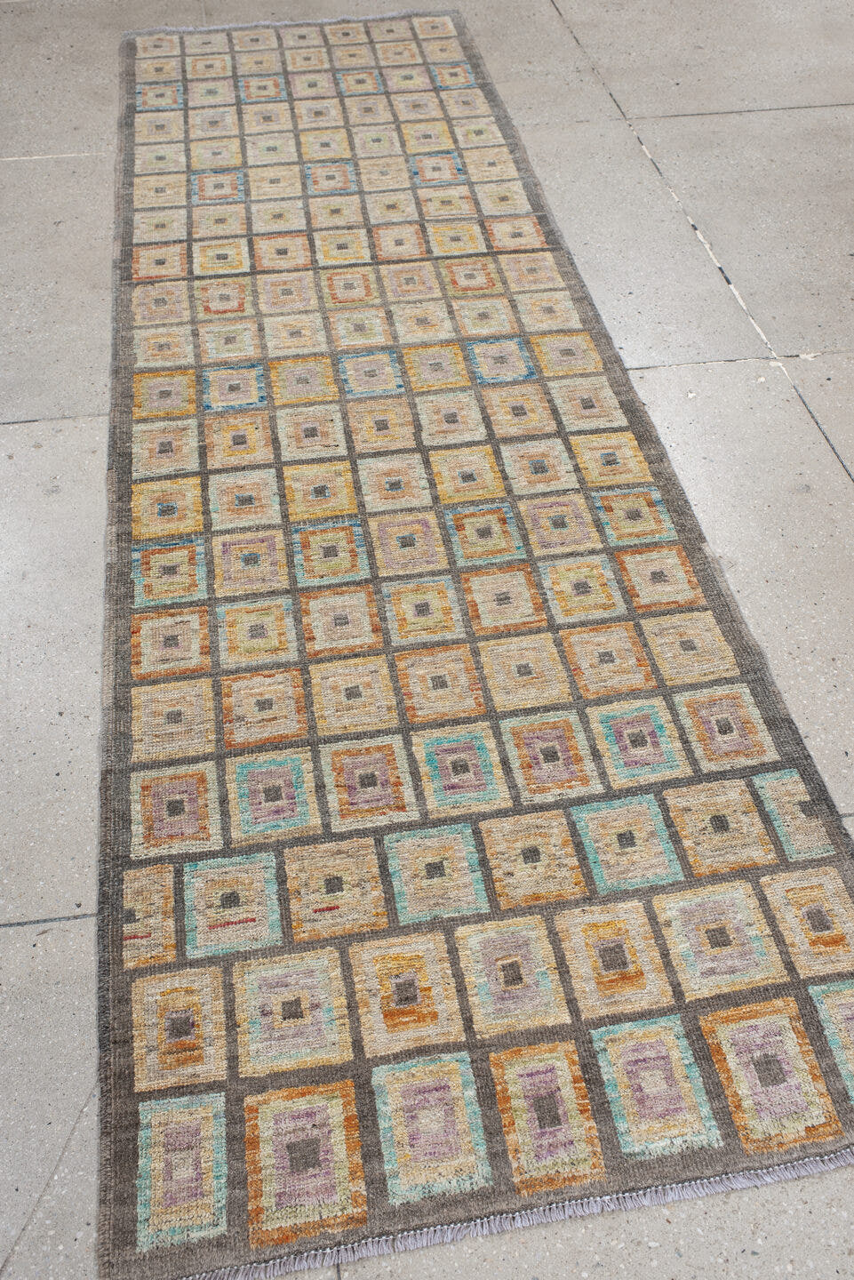 2' x 9' one-of-a-kind handmade vintage Kilim runner rug. Color palette: ivory, charcoal, taupe, sky blue, saffron, coral