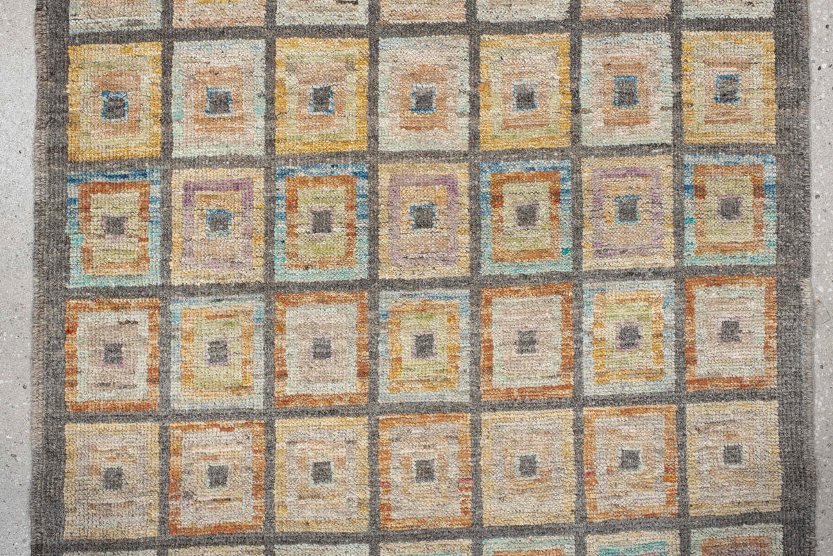 2' x 9' one-of-a-kind handmade vintage Kilim runner rug. Color palette: ivory, charcoal, taupe, sky blue, saffron, coral