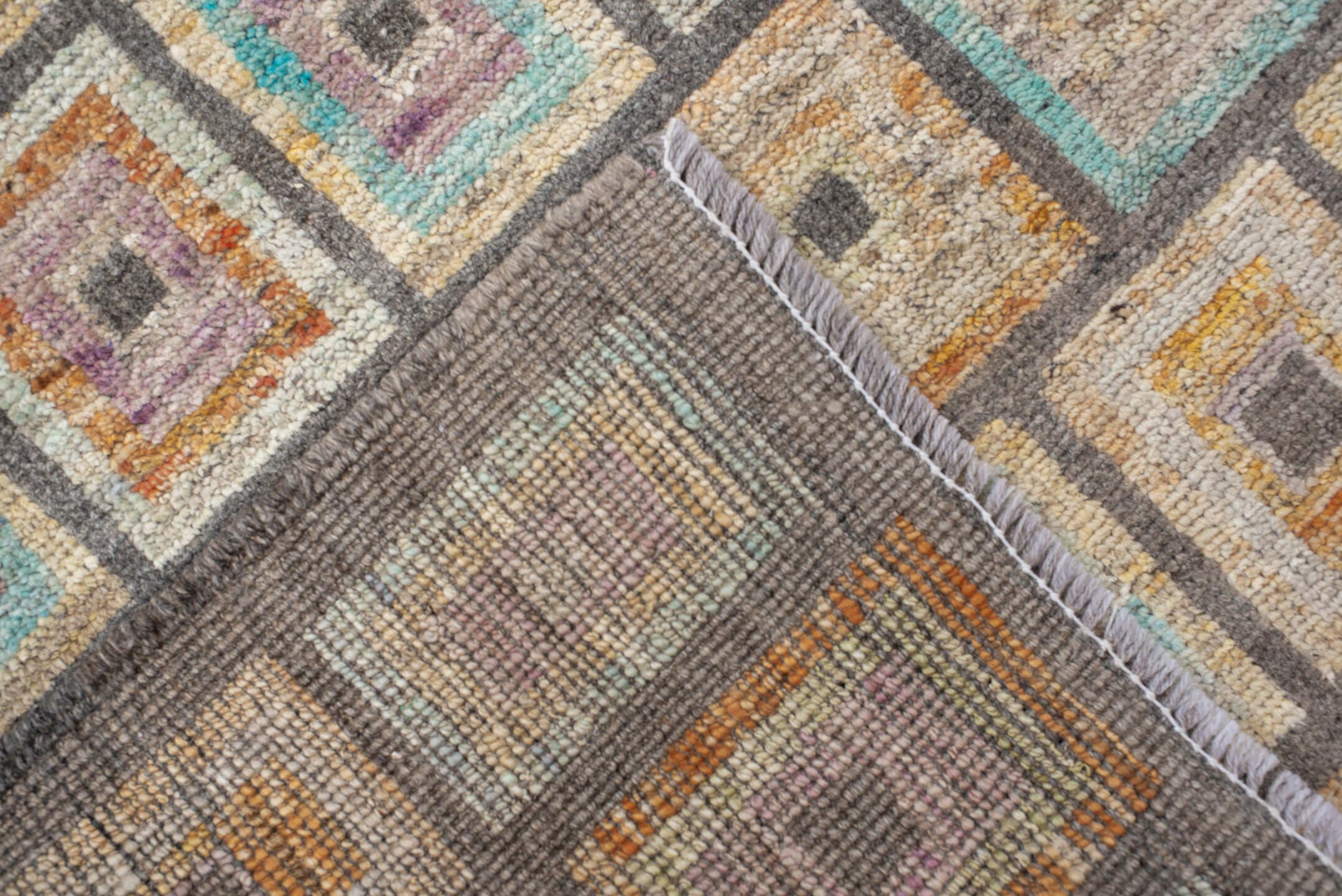2' x 9' one-of-a-kind handmade vintage Kilim runner rug. Color palette: ivory, charcoal, taupe, sky blue, saffron, coral