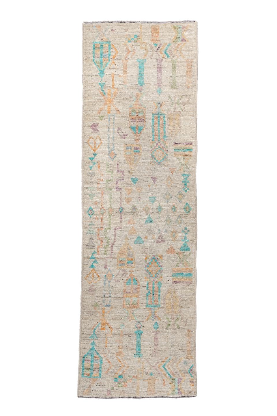 3' x 9' one-of-a-kind handmade vintage Kilim runner rug. Color palette: brown, pink, blue, orange, off-white, green, gray
