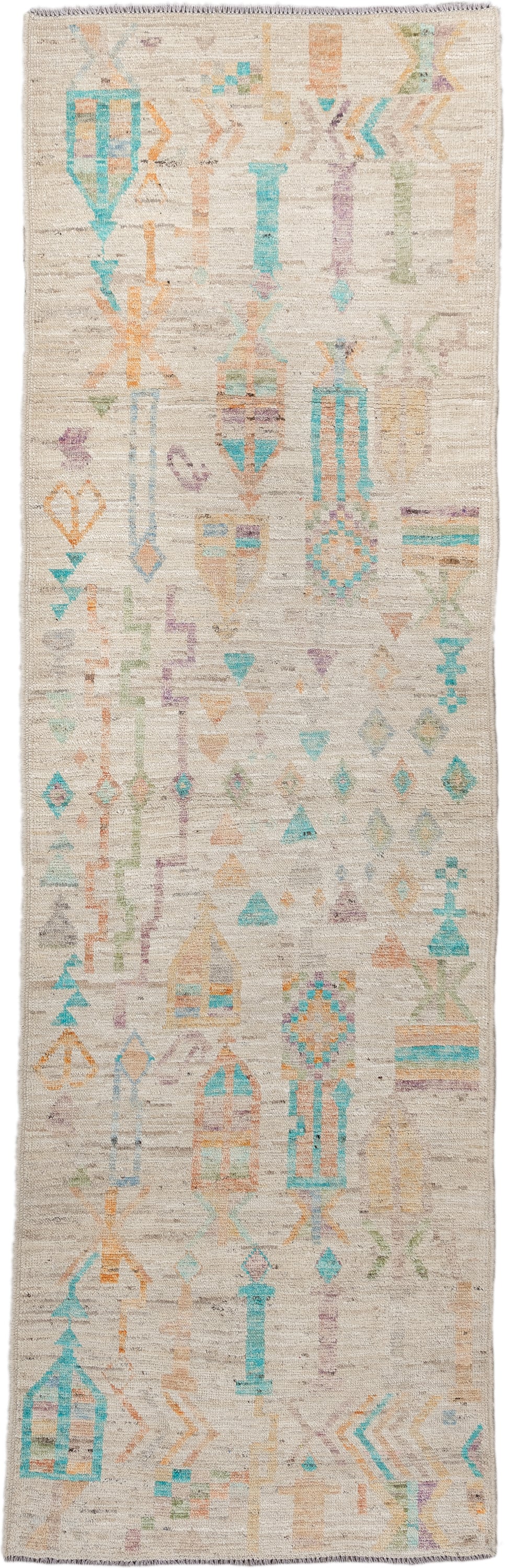 3' x 9' one-of-a-kind handmade vintage Kilim runner rug. Color palette: ivory, turquoise, peach, sage, lavender, beige, gold