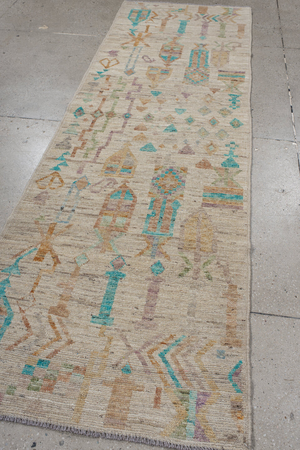 3' x 9' one-of-a-kind handmade vintage Kilim runner rug. Color palette: ivory, turquoise, peach, sage, lavender, beige, gold