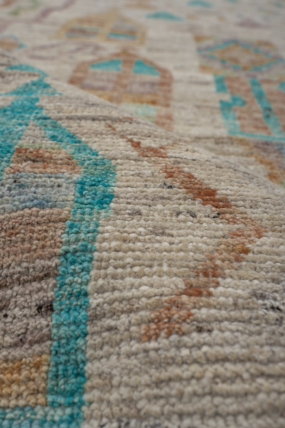 3' x 9' one-of-a-kind handmade vintage Kilim runner rug. Color palette: ivory, turquoise, peach, sage, lavender, beige, gold