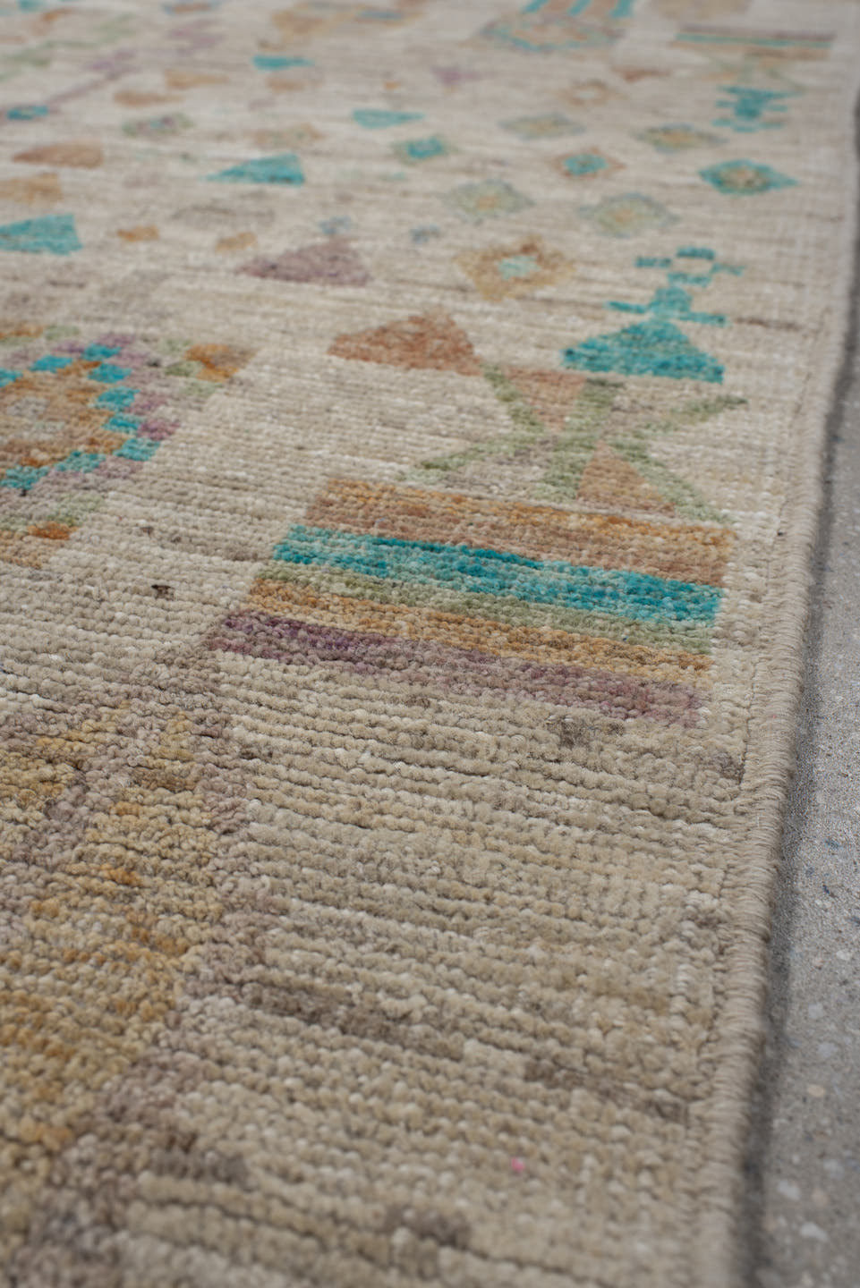 3' x 9' one-of-a-kind handmade vintage Kilim runner rug. Color palette: ivory, turquoise, peach, sage, lavender, beige, gold