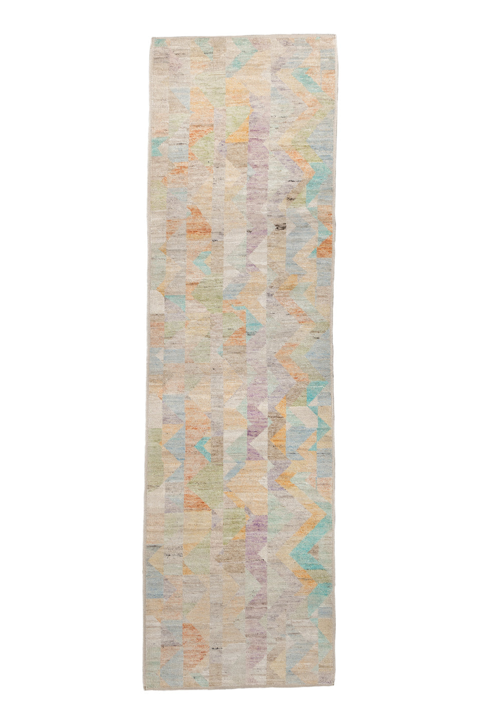 2' x 9' one-of-a-kind handmade vintage Kilim runner rug. Color palette: blue, brown, dark gray, gainsboro, gray, light gray