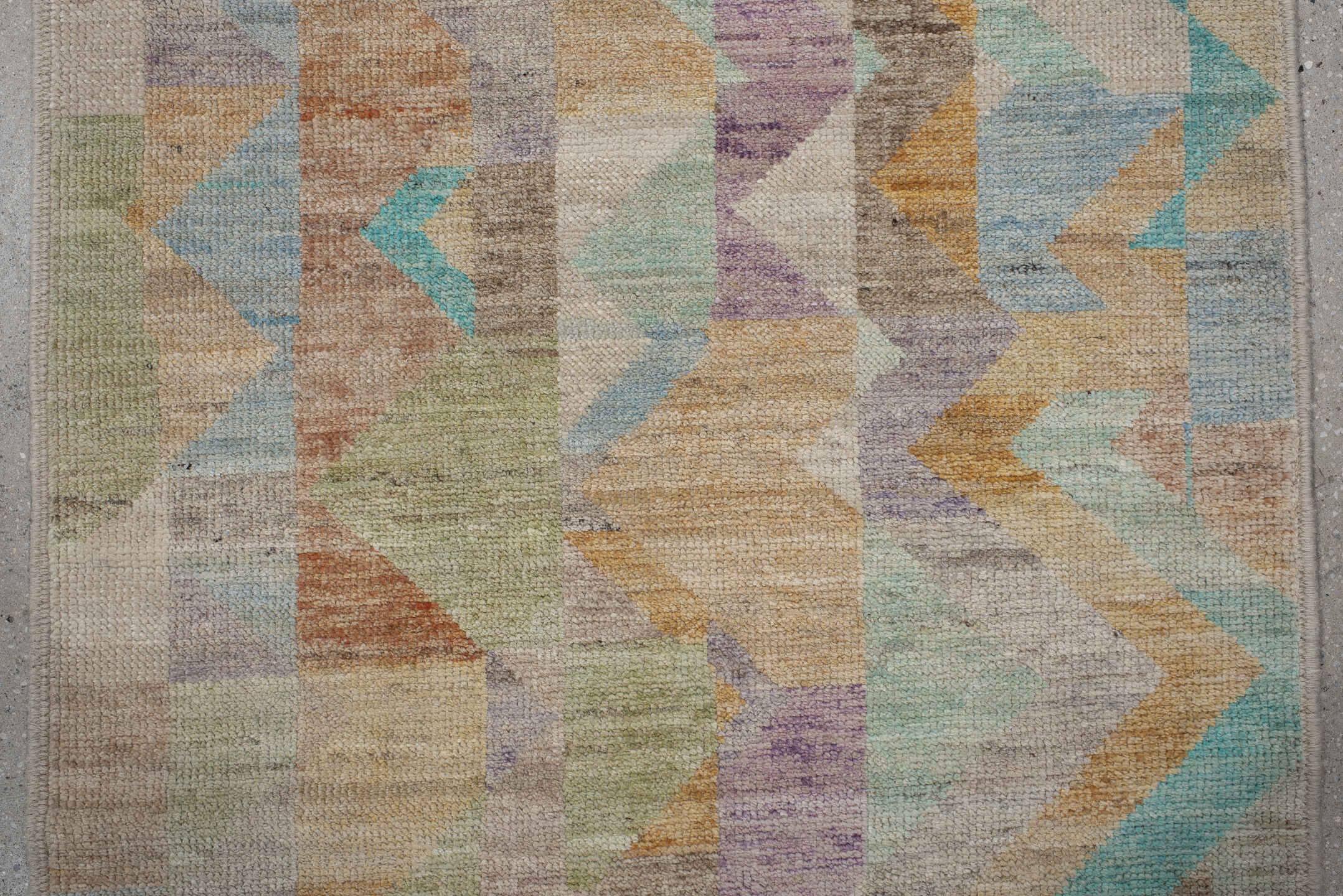 2' x 9' one-of-a-kind handmade vintage Kilim runner rug. Color palette: ivory, beige, aqua, pale blue, lavender, sage, peach