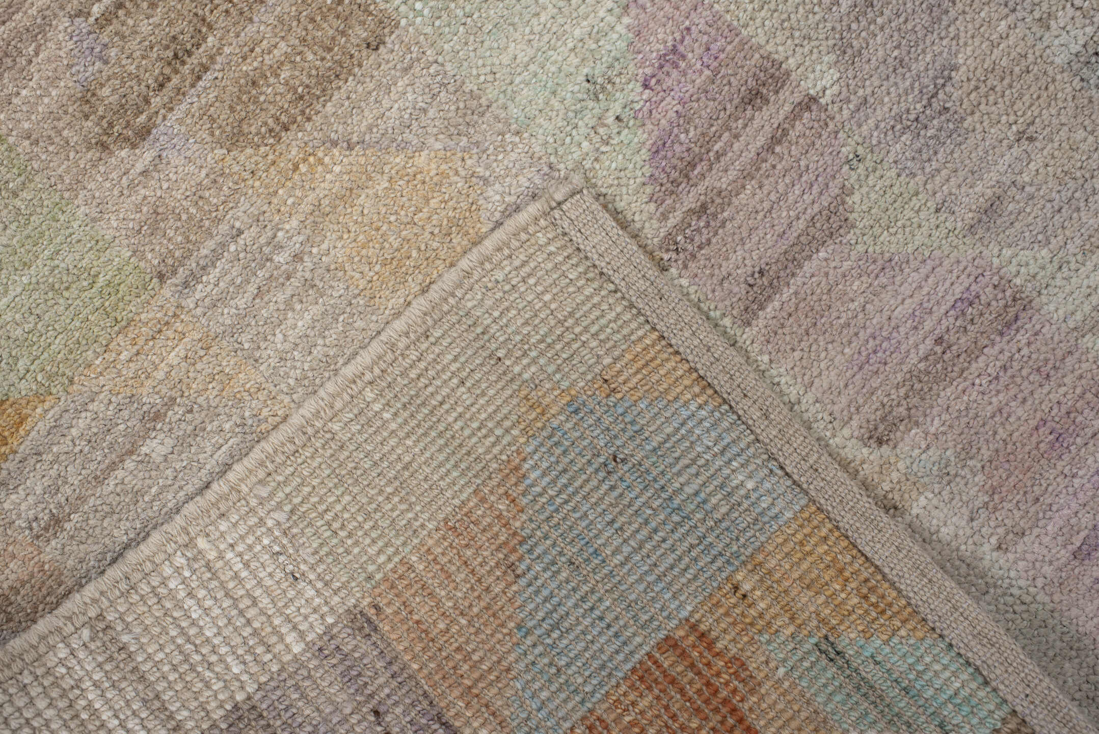 2' x 9' one-of-a-kind handmade vintage Kilim runner rug. Color palette: ivory, beige, aqua, pale blue, lavender, sage, peach