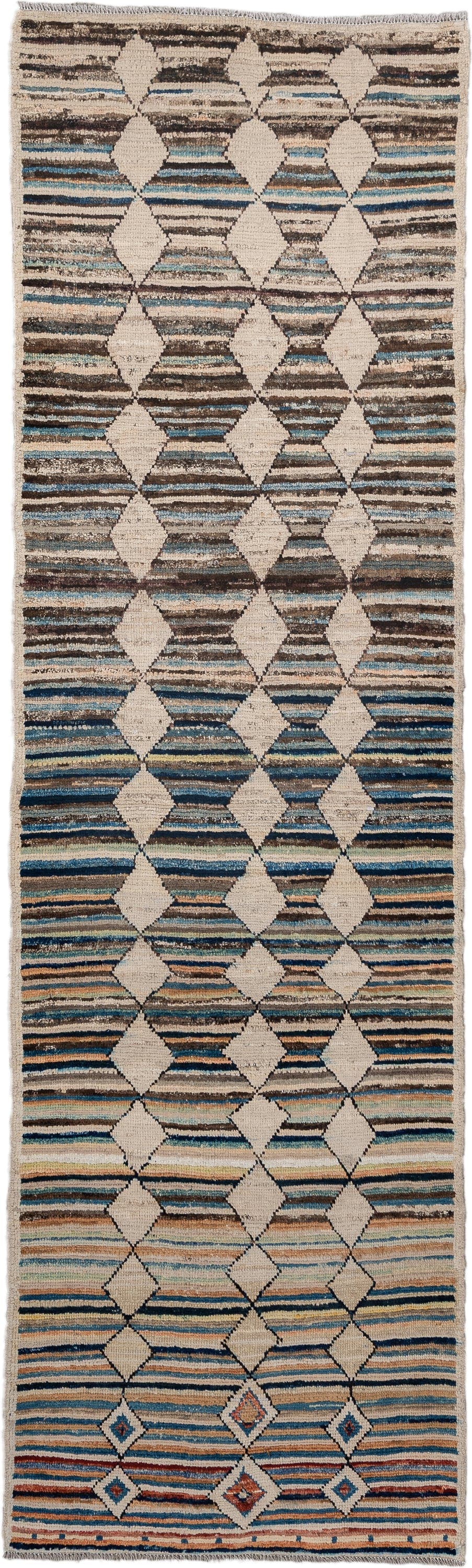 2' x 9' one-of-a-kind handmade vintage Kilim runner rug. Color palette: ivory, brown, blue, camel, charcoal, rust, taupe