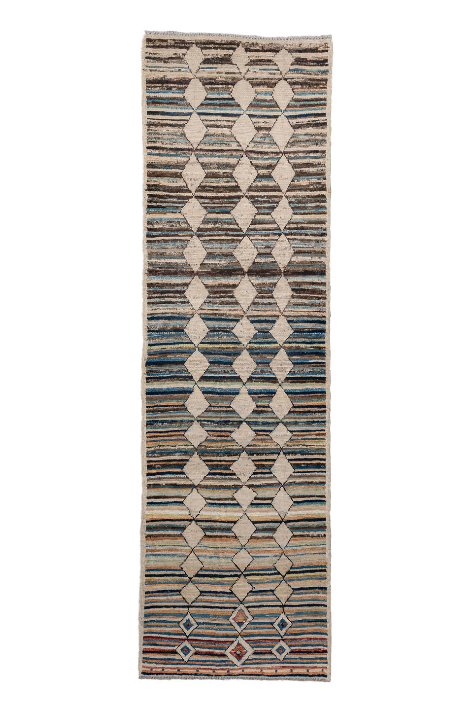 2' x 9' one-of-a-kind handmade vintage Kilim runner rug. Color palette: arapawa, black, blue, brown, dim gray, gray