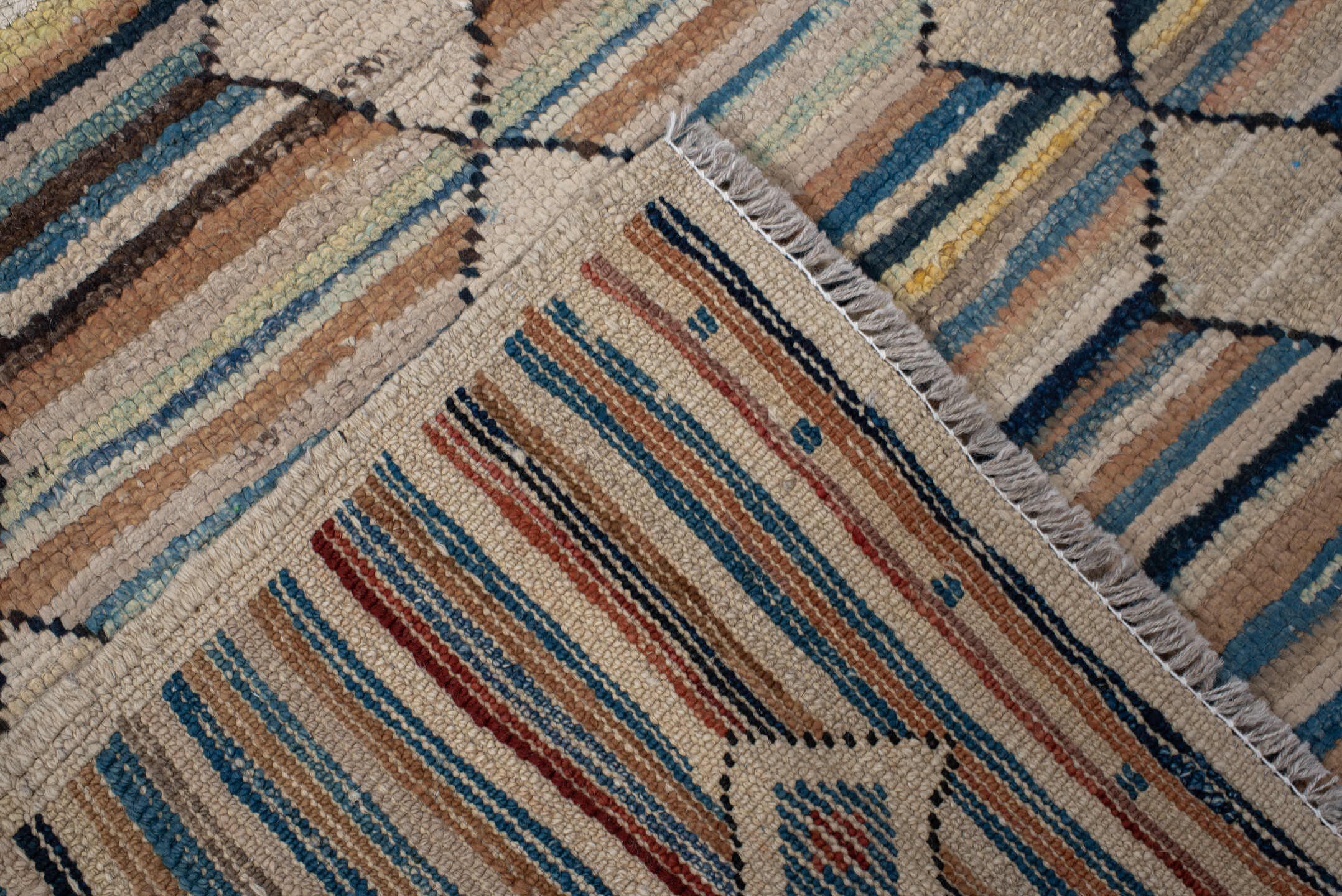 2' x 9' one-of-a-kind handmade vintage Kilim runner rug. Color palette: ivory, brown, blue, camel, charcoal, rust, taupe