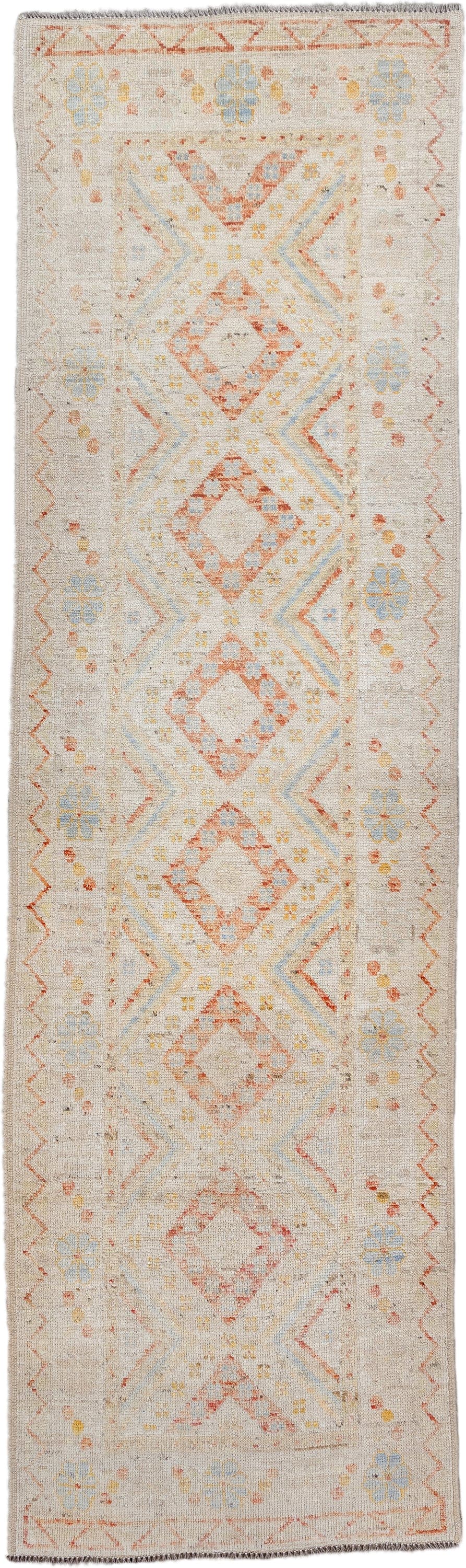 2' x 9' one-of-a-kind handmade vintage Kilim runner rug. Color palette: ivory, coral, pale blue, soft gold, beige