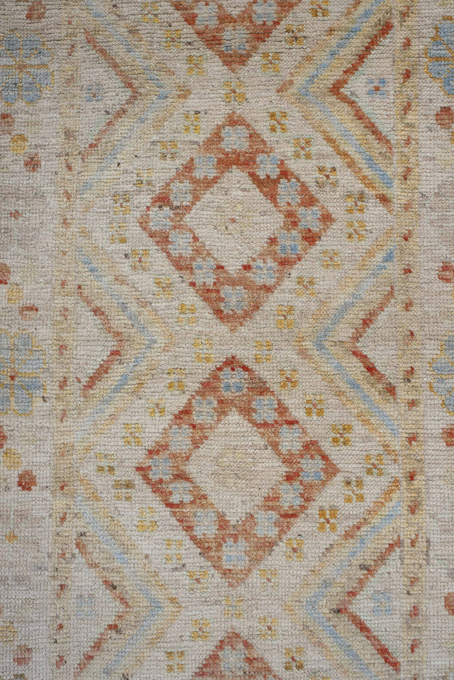 2' x 9' one-of-a-kind handmade vintage Kilim runner rug. Color palette: ivory, coral, pale blue, soft gold, beige