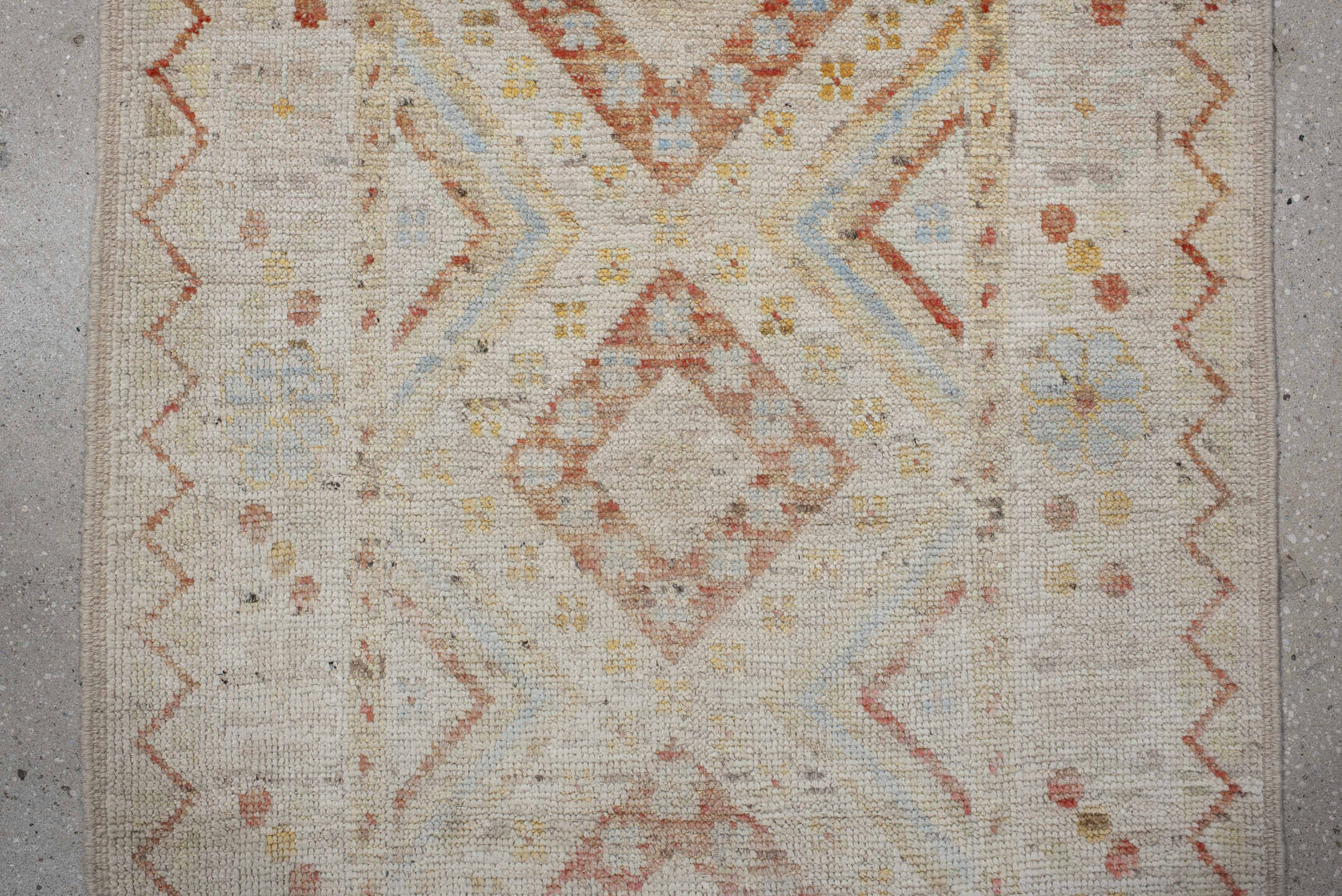 2' x 9' one-of-a-kind handmade vintage Kilim runner rug. Color palette: ivory, coral, pale blue, soft gold, beige