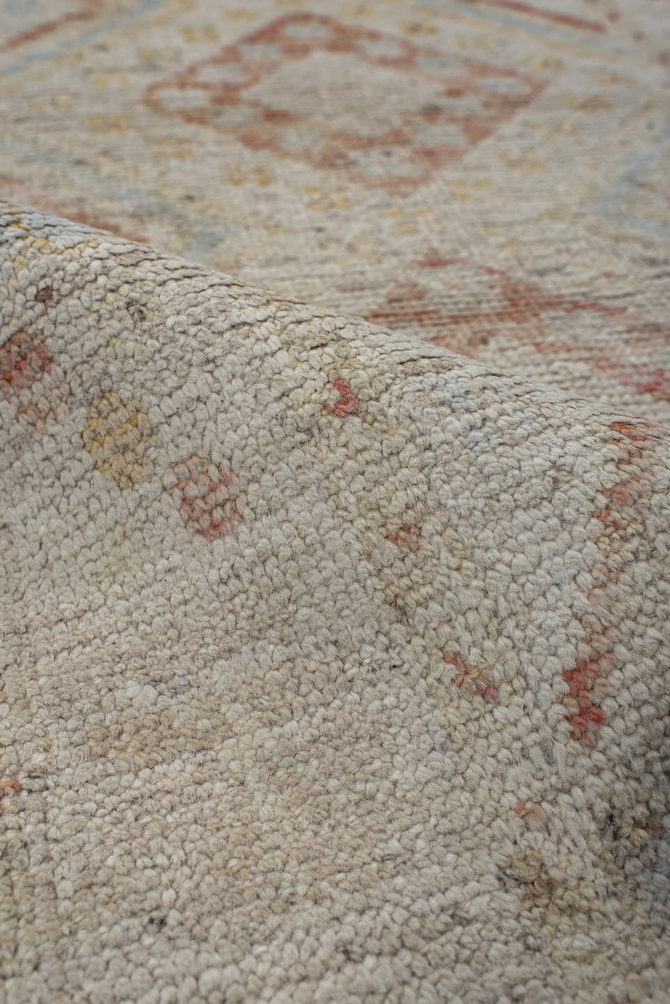 2' x 9' one-of-a-kind handmade vintage Kilim runner rug. Color palette: ivory, coral, pale blue, soft gold, beige