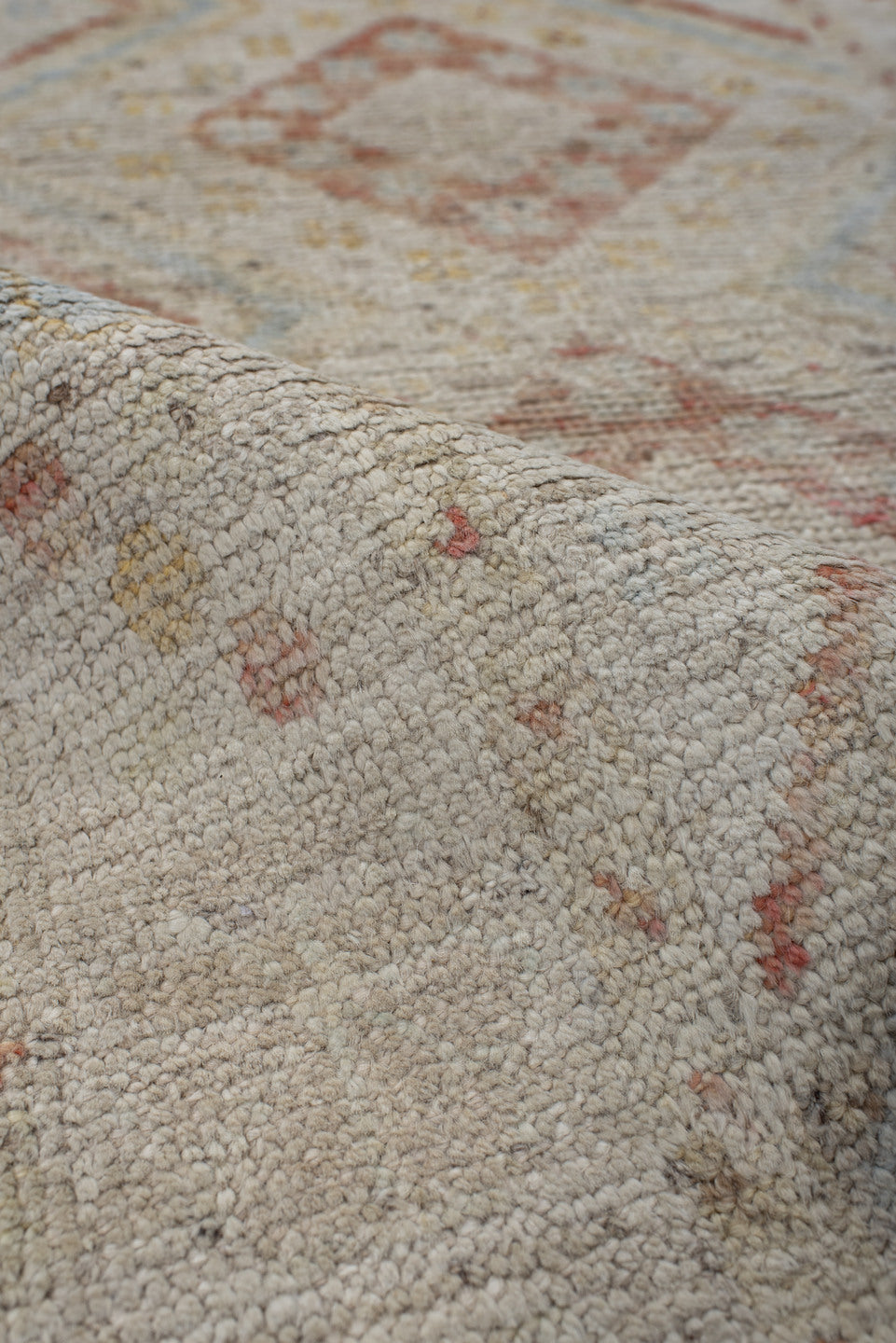 2' x 9' one-of-a-kind handmade vintage Kilim runner rug. Color palette: ivory, coral, pale blue, soft gold, beige